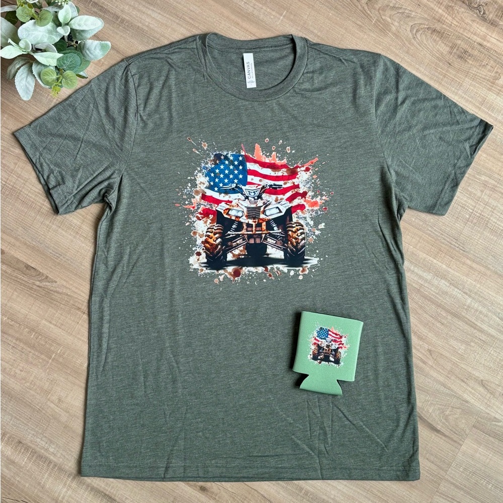 Military Green Tri-blend Tee & Can Cooler Patriotic ATV Design